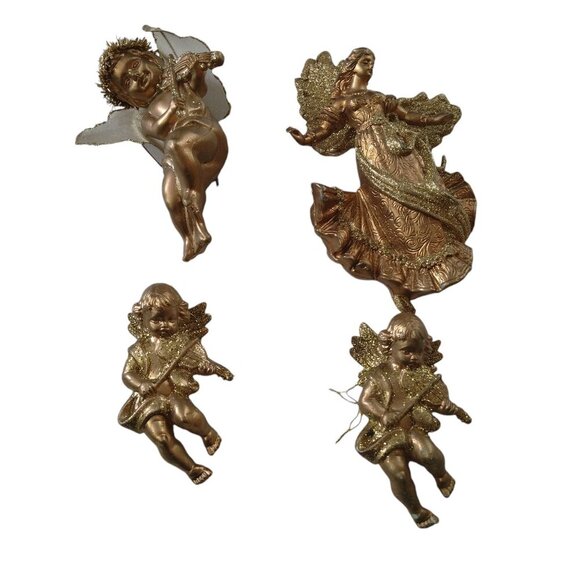 Other - Lot of 4 Vintage Gold Plastic Gold Glitter Cherub Angel Christmas Ornaments CH4
